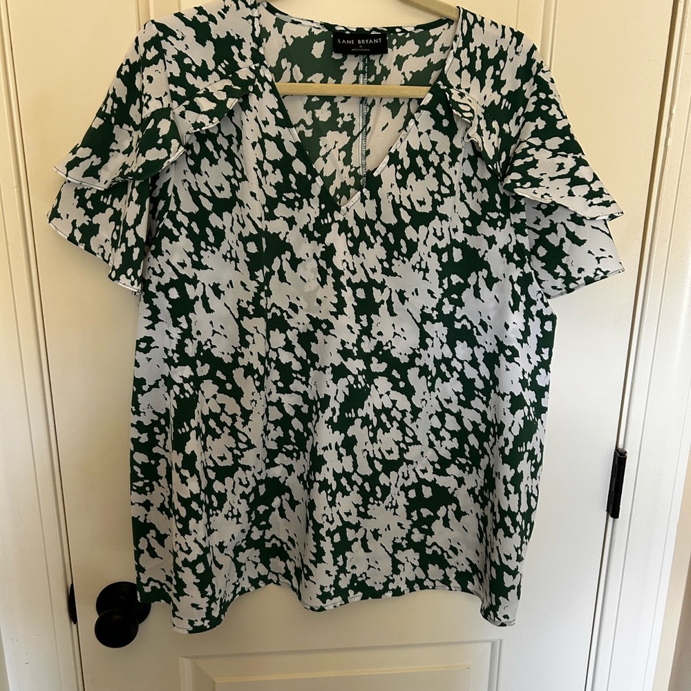 Lane Bryant Green and White Patterned Blouse
